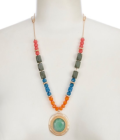 Southern Living Agate Pendant Multi Color Beaded Long Strand Necklace