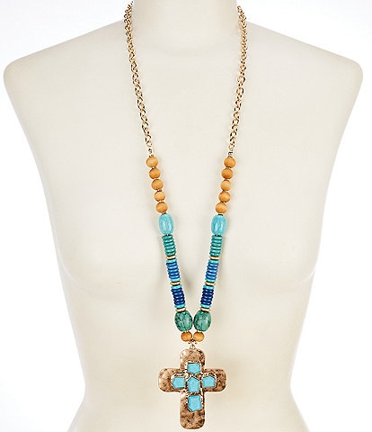 Southern Living Beaded Semi Precious Stone Cross Long Pendant Necklace