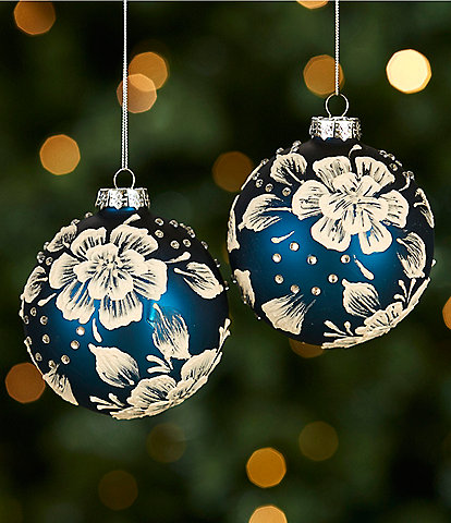 Southern Living Blue Christmas Collection Hand Painted Floral Glass Ball Ornament, Set of 2