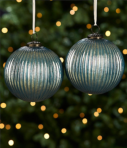 Southern Living Blue Christmas Collection Ribbed Glass Large Ball Ornament, Set of 2