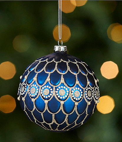 Southern Living Blue Christmas Collection Scalloped & Pearl Beaded Glass Ball Ornament