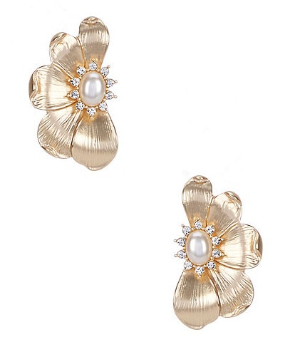 Southern Living Borrowed & Blue by Southern Living Crystal Stone Pearl Cab Half Flower Stud Earrings