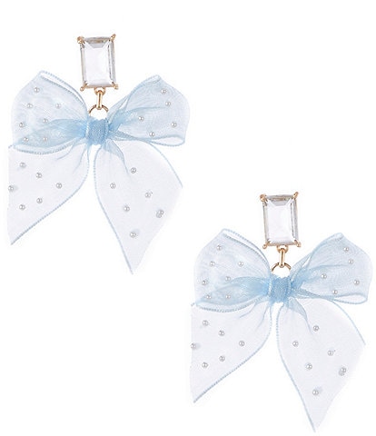 Southern Living Borrowed & Blue by Southern Living Octagon Crystal Stone Light Blue Tulle Fabric Bow Drop Earrings