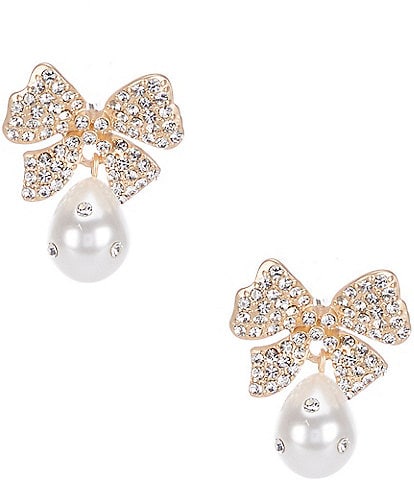 Southern Living Borrowed & Blue by Southern Living Pave Bow Pearl Crystal Drop Earrings