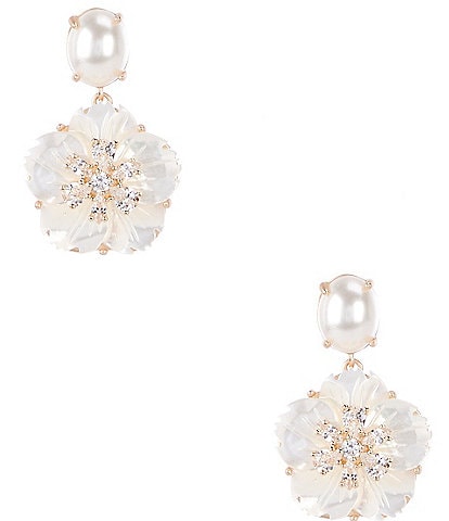 Southern Living Borrowed & Blue by Southern Living Pearl Stud Crystal CZ Stone Shell Flower Drop Earrings