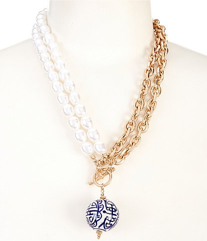 Southern Living Chinoiserie Bead Pearl and Chain Short Pendant Necklace