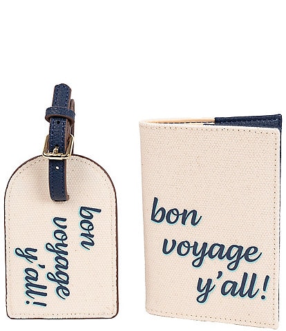 Southern Living Coated Canvas "Bon Voyage Y'all" Passport Case Holder & Luggage Tag Set