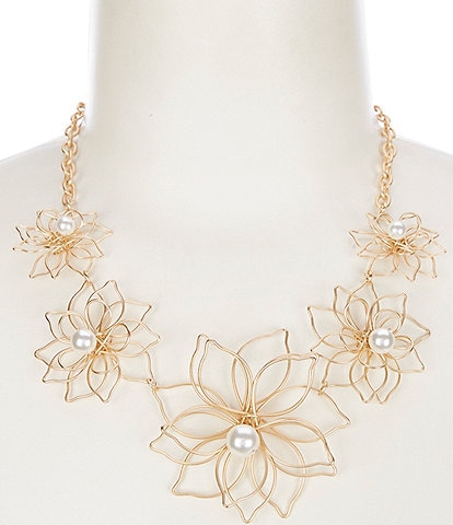 Southern Living Delicate Wire Graduating Pearl Flower Frontal Collar Statement Necklace