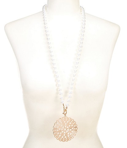 Southern Living Disc Pendant Pearl Long Strand Necklace
