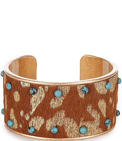 Southern Living Faux Leather Oval with Turquoise Stones Cuff Bracelet