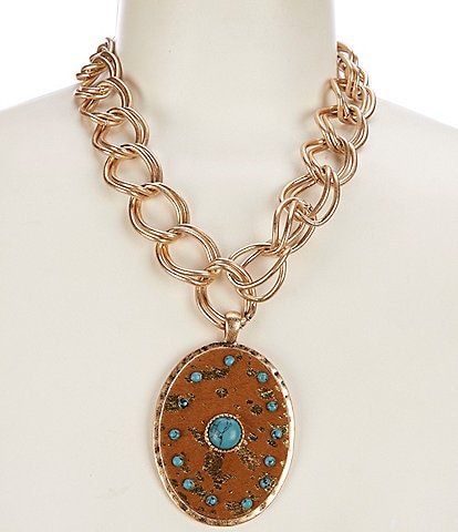 Southern Living Faux Leather Oval with Turquoise Stones Long Pendant Statement Necklace