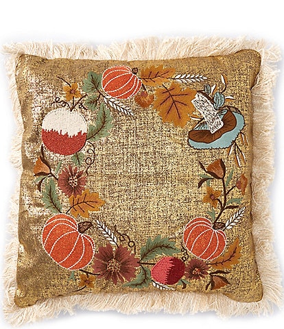 Southern Living Festive Fall Collection Embroidered Harvest Wreath Square Pillow