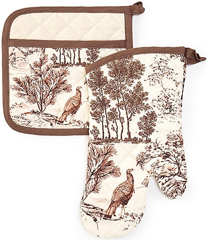 Southern Living Festive Fall Woodland Toile Oven Mitt & Pot Holder Set