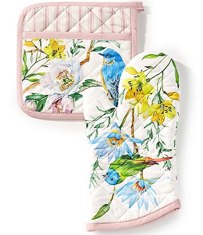 Southern Living Floral Bird Collection Oven Mitt and Potholder Set