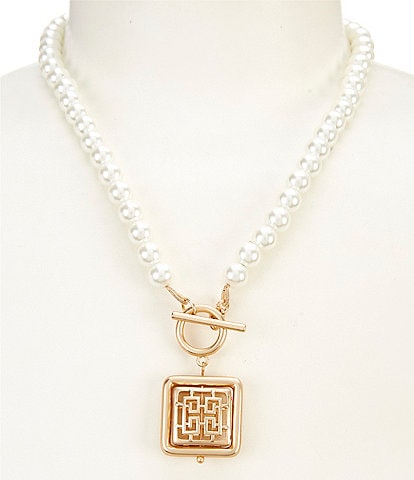 Southern Living Geometric Square Pearl Strand Short Pendant Necklace