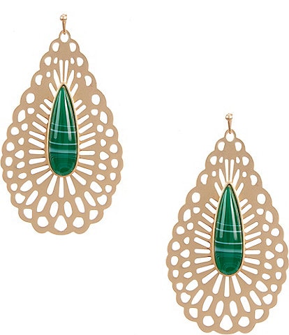 Southern Living Green Resin Cab Open Metal Work Teardrop Drop Earrings