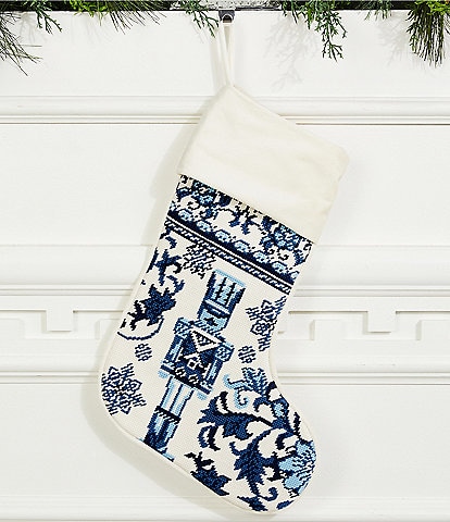Southern Living Holiday Collection Blue Chinoiserie Nutcracker Needlepoint Stocking