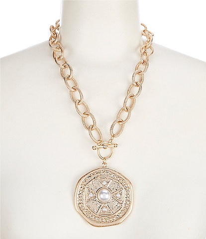 Southern Living Large Medallion Coin Pearl Short Pendant Necklace