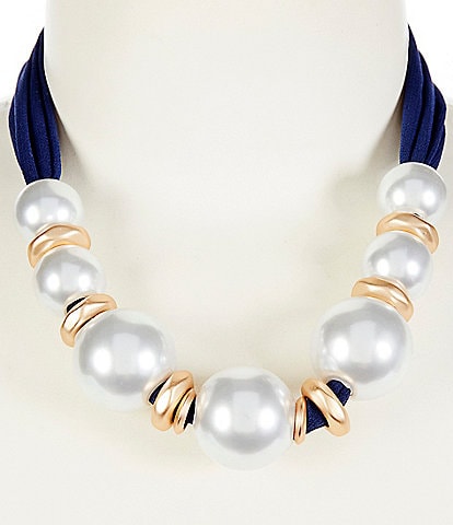 Southern Living Large Pearl Frontal Navy Fabric Collar Necklace