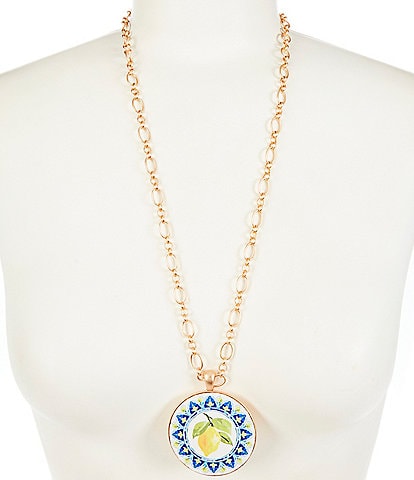 Southern Living Lemon Print Round Chain Long Pendant Necklace
