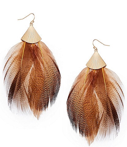 Southern Living Line Textured Metal Brown Multi Feather Drop Earrings