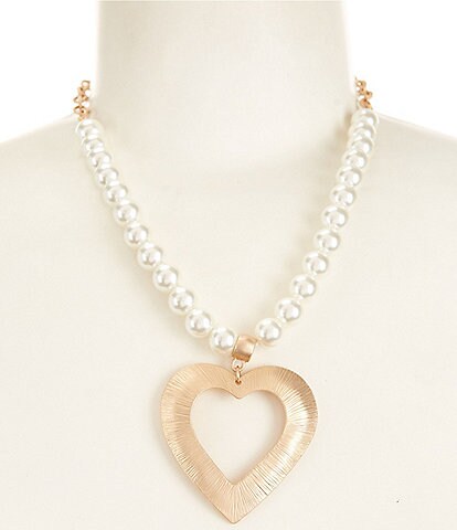 Southern Living Textured Metal Open Heart Pearl Statement Pendant Necklace