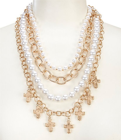 Southern Living Multi Layer Pearl and Chain Statement Necklace with Cross Charms