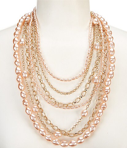 Southern Living Pink Pearl And Chain Long Statement Multi-Strand Necklace