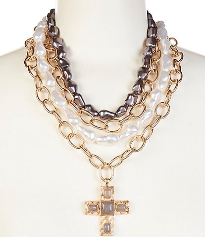 Southern Living Multi Pearl and Link Cross Pendant Statement Necklace
