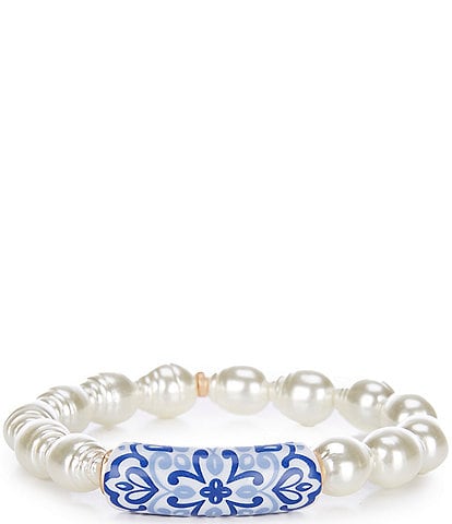 Southern Living Navy Floral Bead Organic Pearl Stretch Bracelet