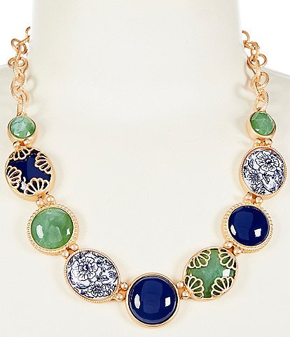 Southern Living Navy Floral Multi Color Resin Cab Frontal Collar Necklace