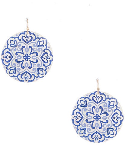 Southern Living Navy Floral Print Round Shell Drop Earrings