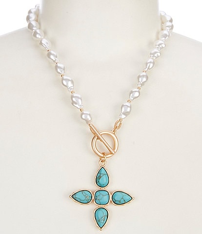 Southern Living Organic Pearl Strand Turquoise Stone Cross Short Pendant Necklace