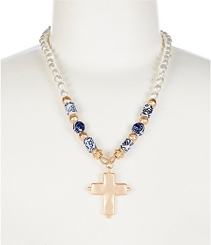 Southern Living Pearl & Blue Beaded Cross Short Pendant Necklace