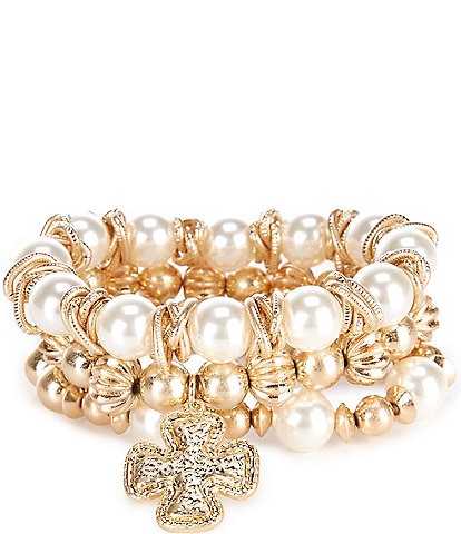 Southern Living Pearl & Gold Stretch Bracelet Set