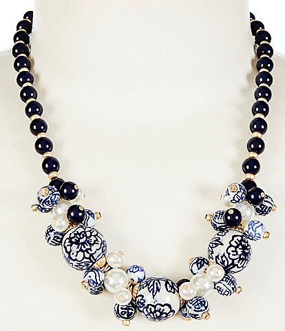 Southern Living Pearl & Navy Floral Beaded Frontal Collar Necklace
