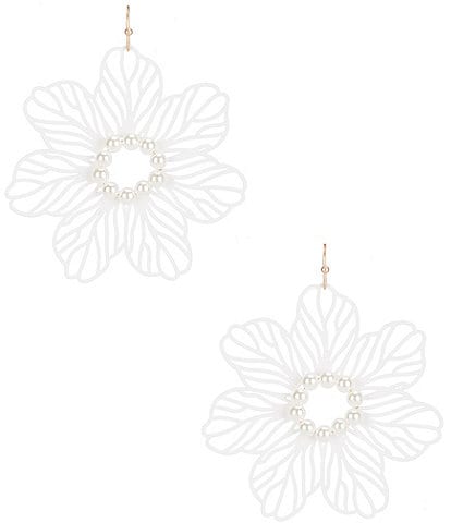 Southern Living Pearl Beaded White Flower Etching Drop Earrings