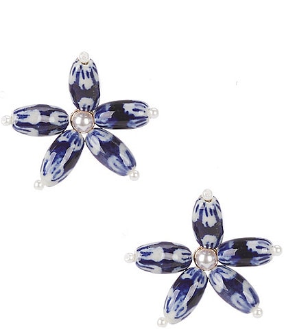 Southern Living Pearl Cab Navy Floral Oval Bead Drop Earrings