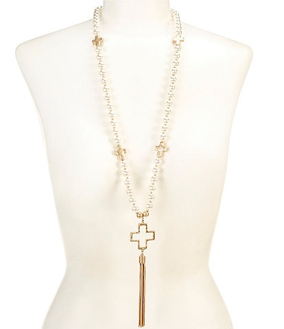 Southern Living Pearl Cross Long Tassel Necklace