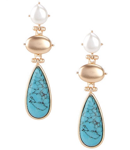 Southern Living Pearl, Oval Metal, & Turquoise Teardrop Linear Earrings