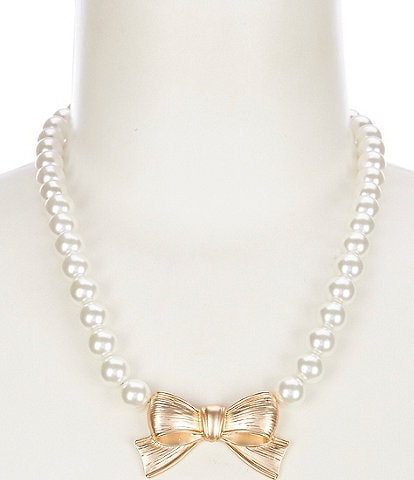 Southern Living Pearl Short Strand Metal Bow Pendant Necklace