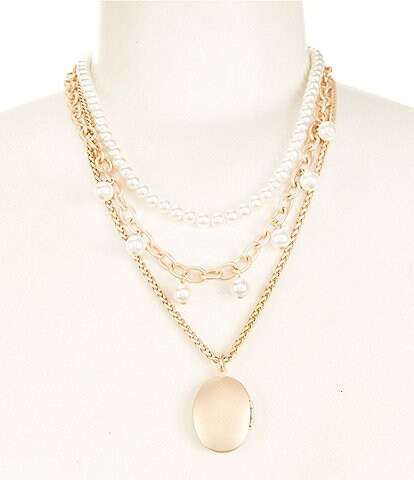 Southern Living Pearl Two Row Chain Small Oval Locket Pendant Necklace