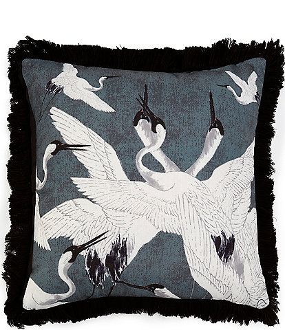 Southern Living Printed Flying Cranes Fringe Decorative Square Pillow