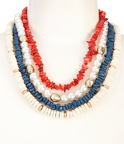 Southern Living Red & Navy Dyed Shell, Bead, Pearl, & Wood Bead Short Multi Strand Necklace