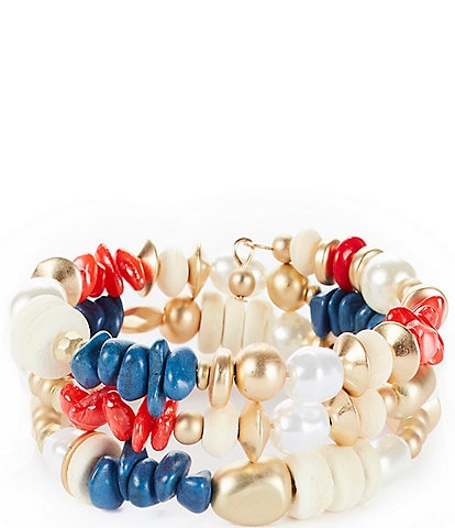 Southern Living Red & Navy Dyed Shell, Bead, Pearl, & Wood Coil Bracelet