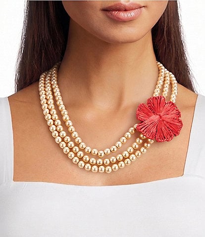 Southern Living Red Raffia Flower 3 Row Ccb Short Multi-Strand Necklace