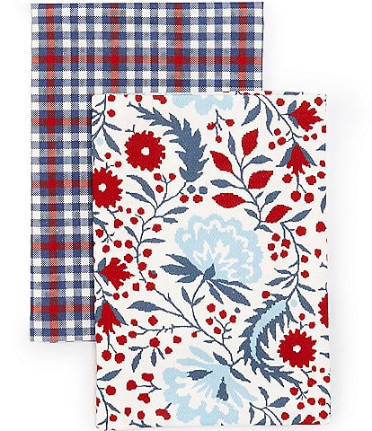 Southern Living Red White Blue Floral and Check Kitchen Towel Set