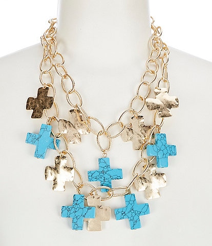 Southern Living Semi Precious Cross Charms Short Multi Strand Statement Necklace