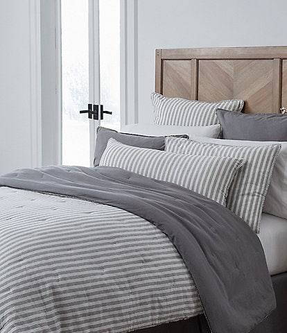 Southern Living Simplicity Duo Cotton & Linen Solid & Striped Fringed Reversible Comforter