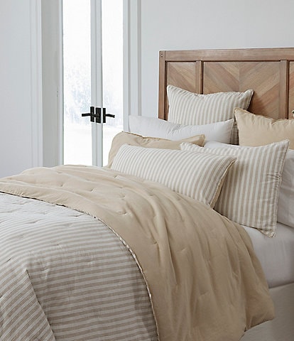Southern Living Simplicity Duo Cotton & Linen Solid & Striped Fringed Reversible Comforter